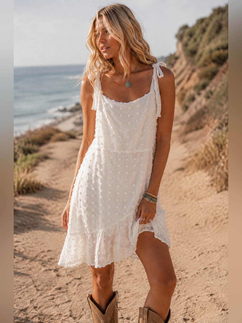 Idem Ditto Boho Chic Tie-Shoulder White Swiss Dot Mini Dress
